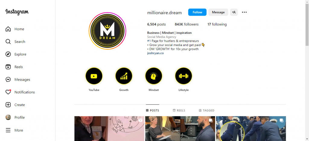 Instagram Page of millionaire dream