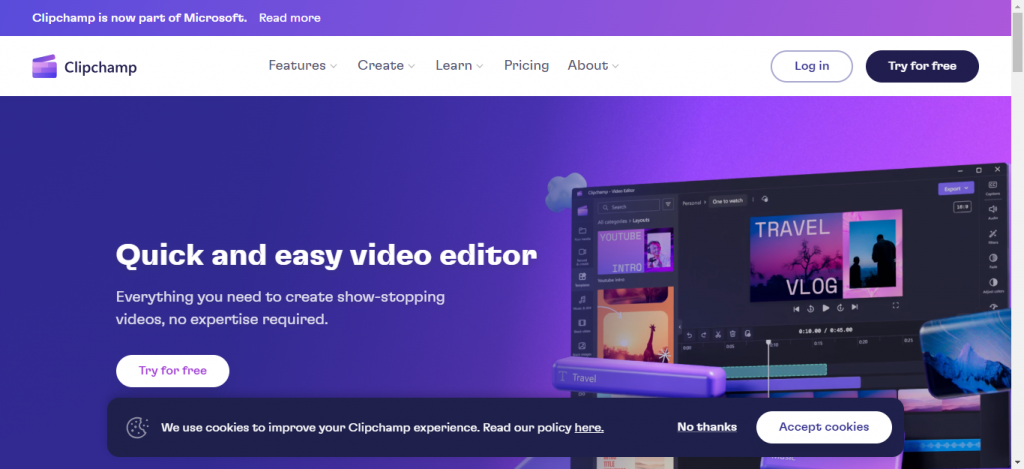 Clipchamp Home page