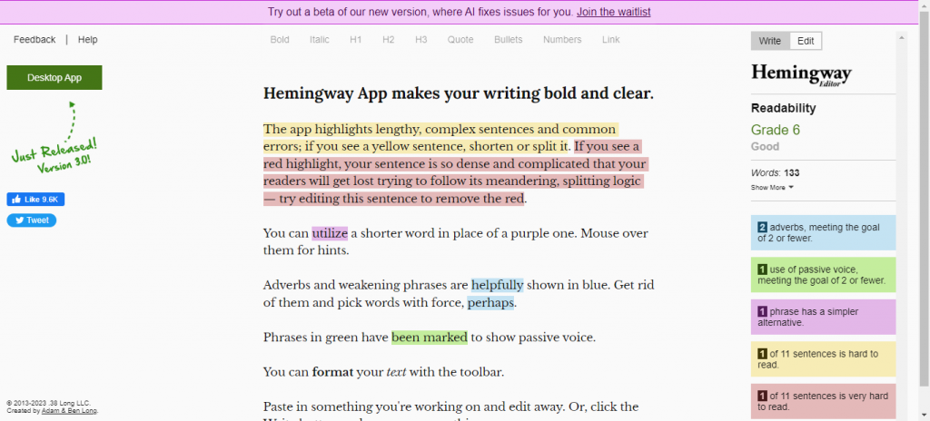 Hemingway editor home page