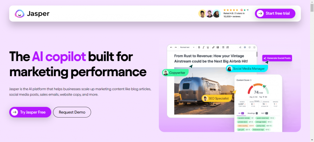 Image of Home page of Jasper- best AI tools for generating content