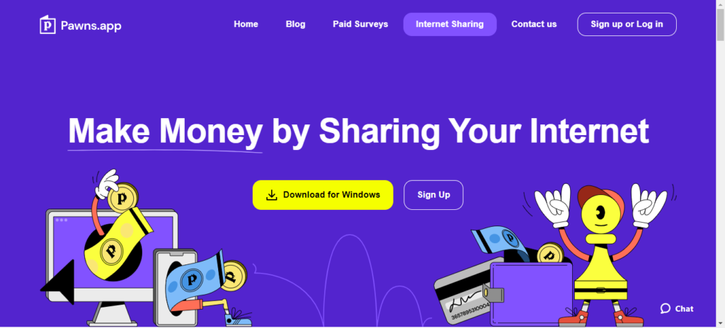 Pawns website with tagline of Make Money By Sharing Your Internet 