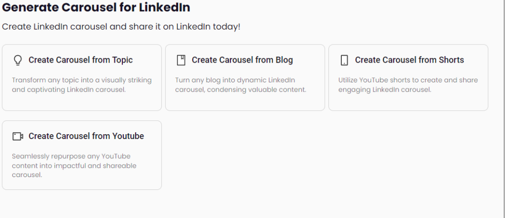 Image showing various options to generate LinkedIn carousels.