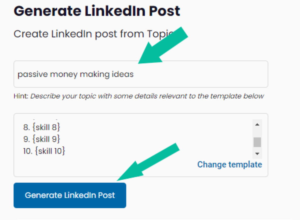 I mage showing text box and template box with "Generate LinkedIn Post" button. 