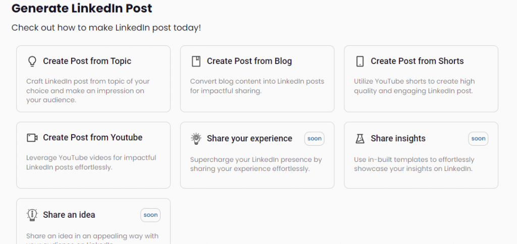 Image showing various options to create LinkedIn posts through Dottypost