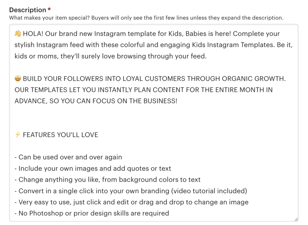 User friendly description for your Etsy items